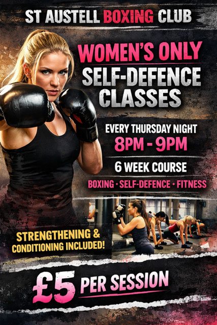 Women's only self-defence classes flyer for st austell boxing club